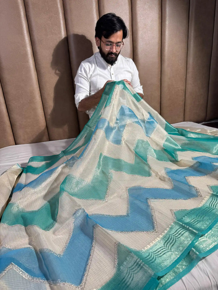 Kota Tissue Saree with Handbrush Paints and Zari Chikankari Work