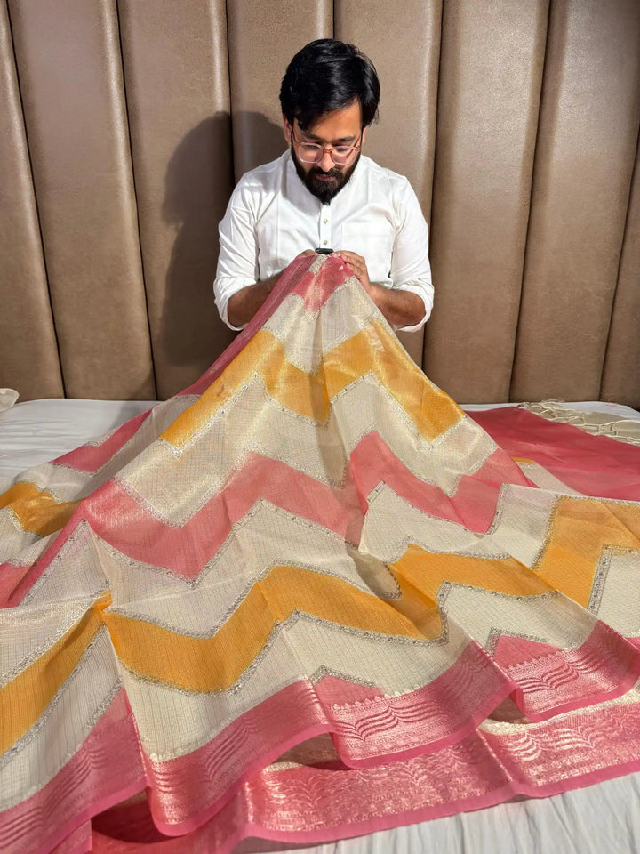 Kota Tissue Saree with Handbrush Paints and Zari Chikankari Work 