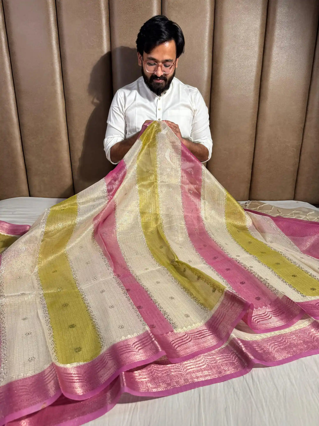 Kota Tissue Saree with Handbrush Paints and Zari Chikankari Work