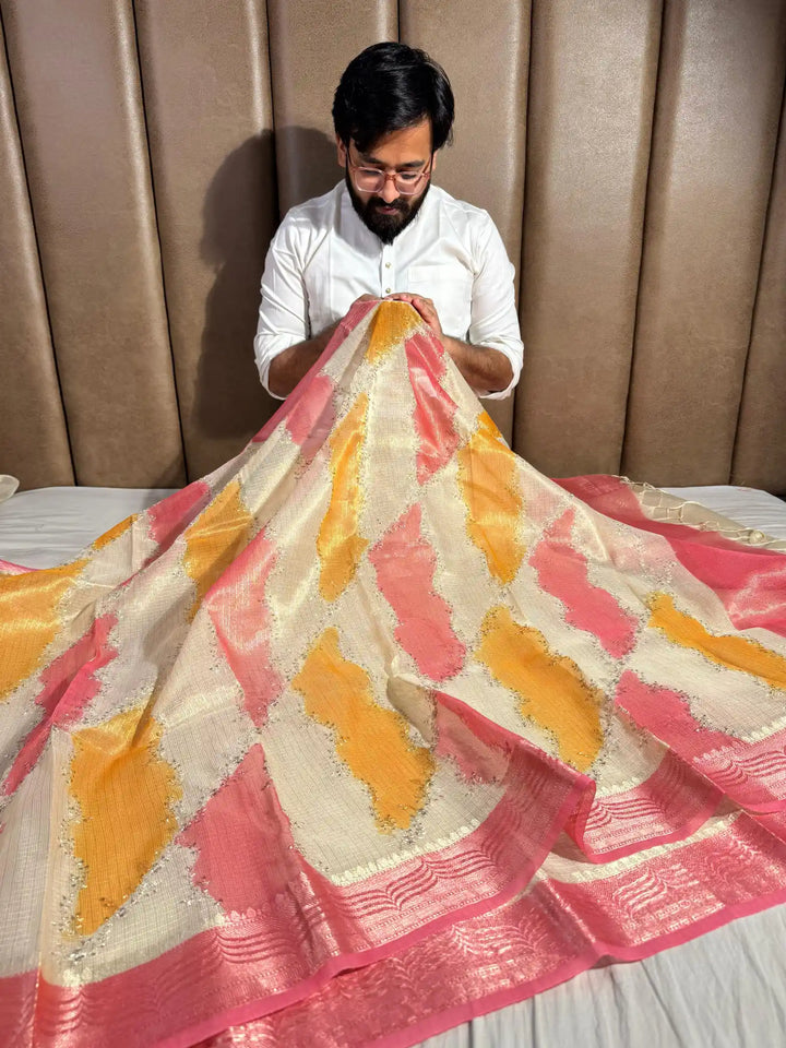 Kota Tissue Saree with Handbrush Paints and Zari Chikankari Work