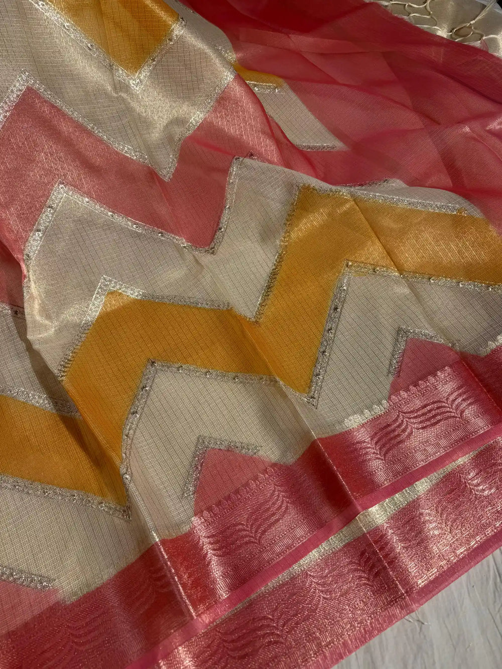 Kota Tissue Saree with Handbrush Paints and Zari Chikankari Work 
