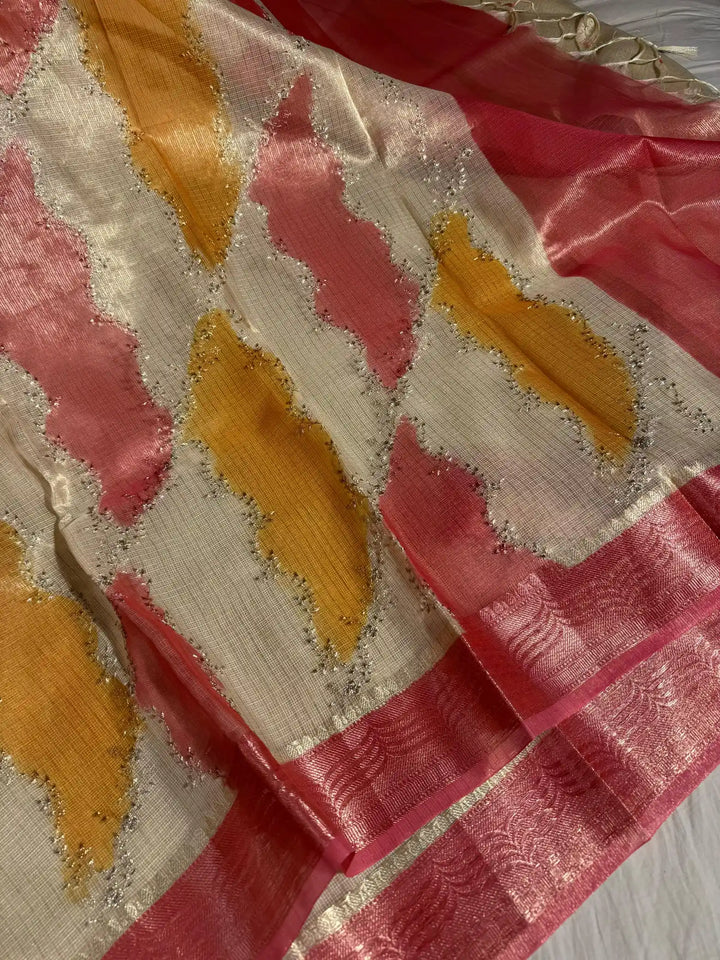 Kota Tissue Saree with Handbrush Paints and Zari Chikankari Work