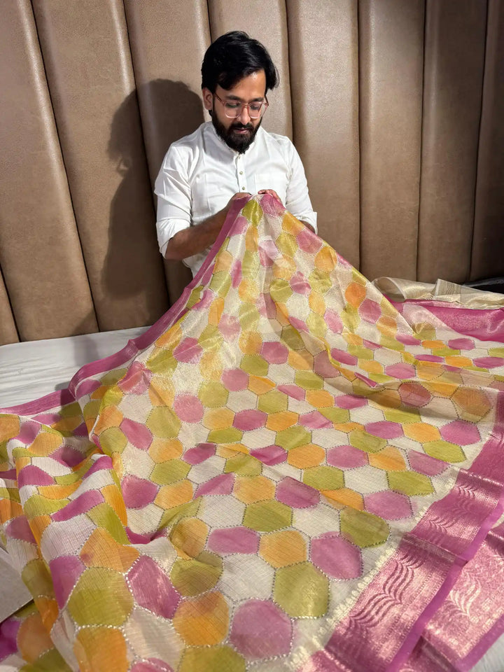 Kota Tissue Saree with Handbrush Paints and Zari Chikankari Work