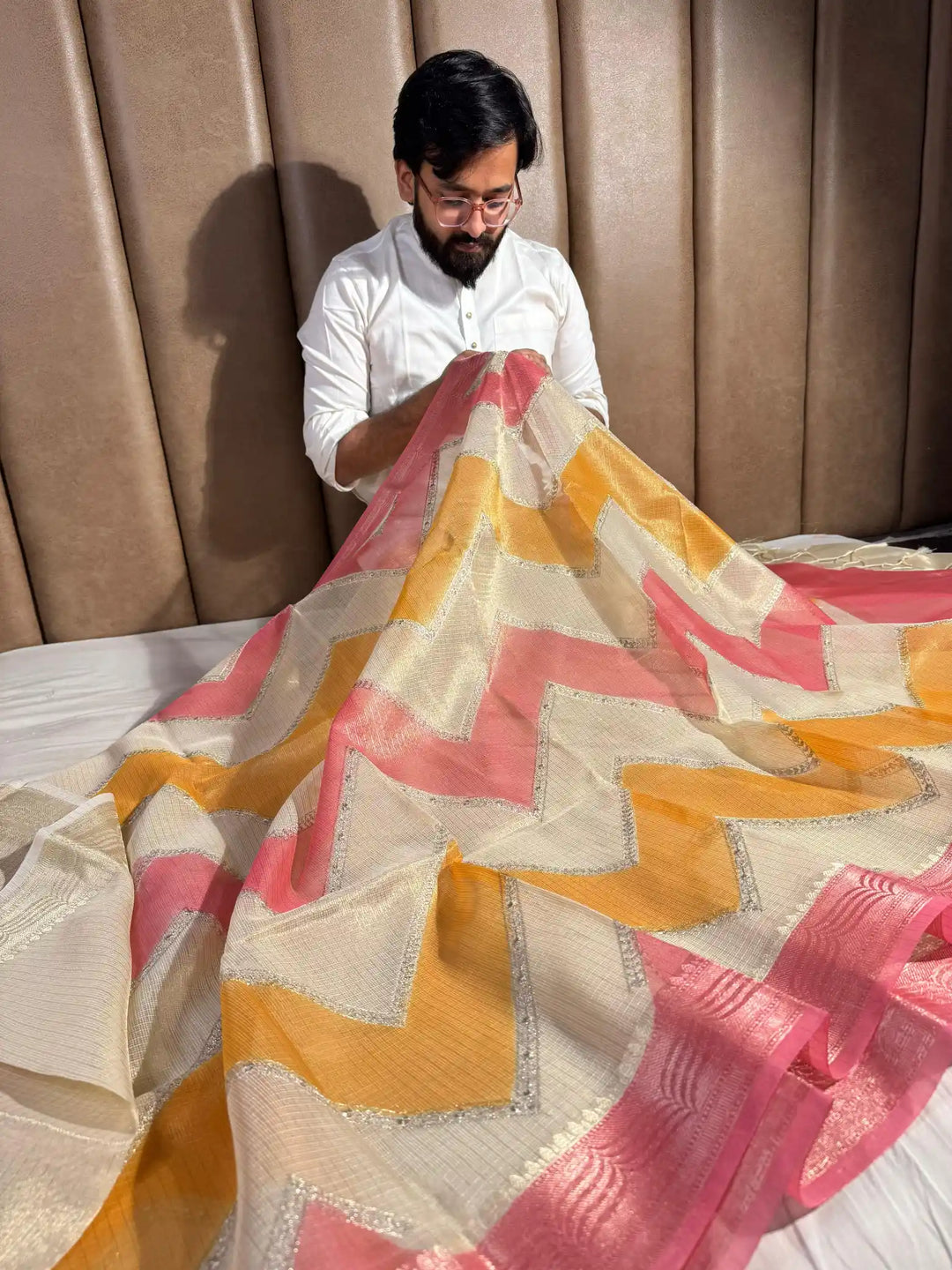 Kota Tissue Saree with Handbrush Paints and Zari Chikankari Work 
