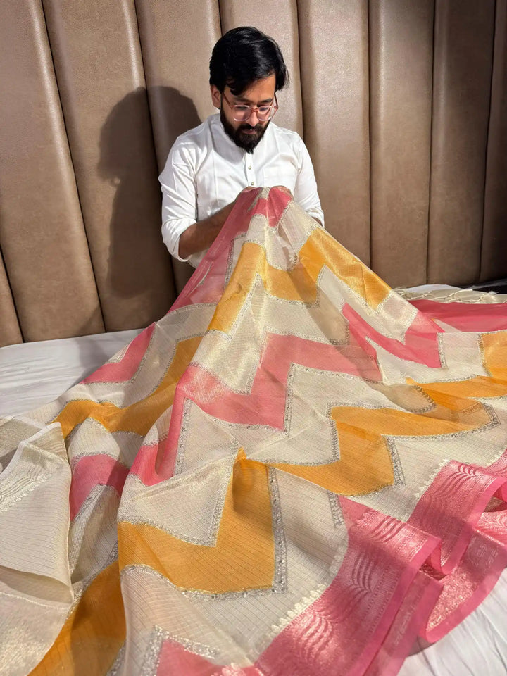 Kota Tissue Saree with Handbrush Paints and Zari Chikankari Work 