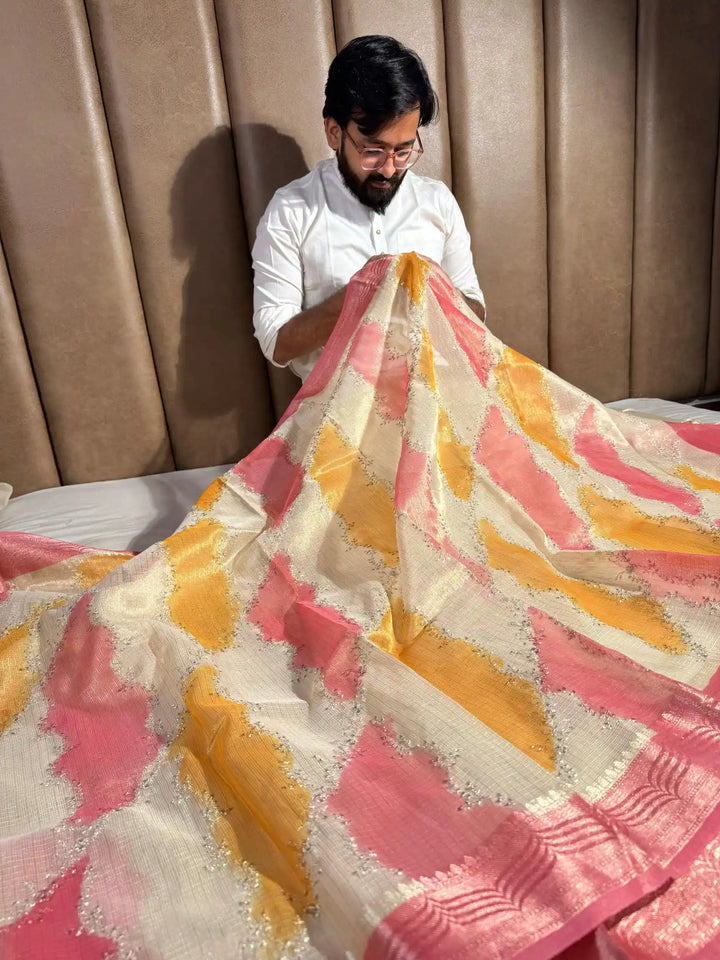 Kota Tissue Saree with Handbrush Paints and Zari Chikankari Work