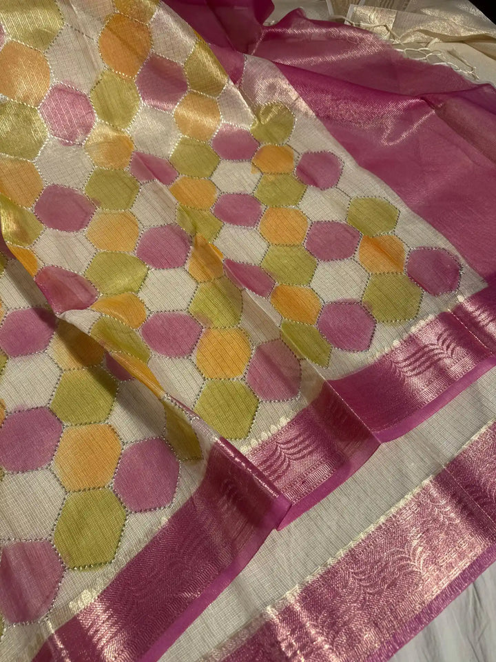 Kota Tissue Saree with Handbrush Paints and Zari Chikankari Work