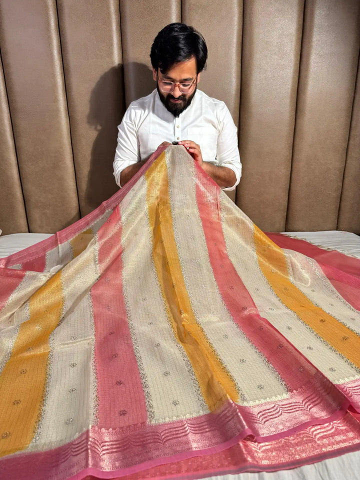 Kota Tissue Saree with Handbrush Paints and Zari Chikankari Work