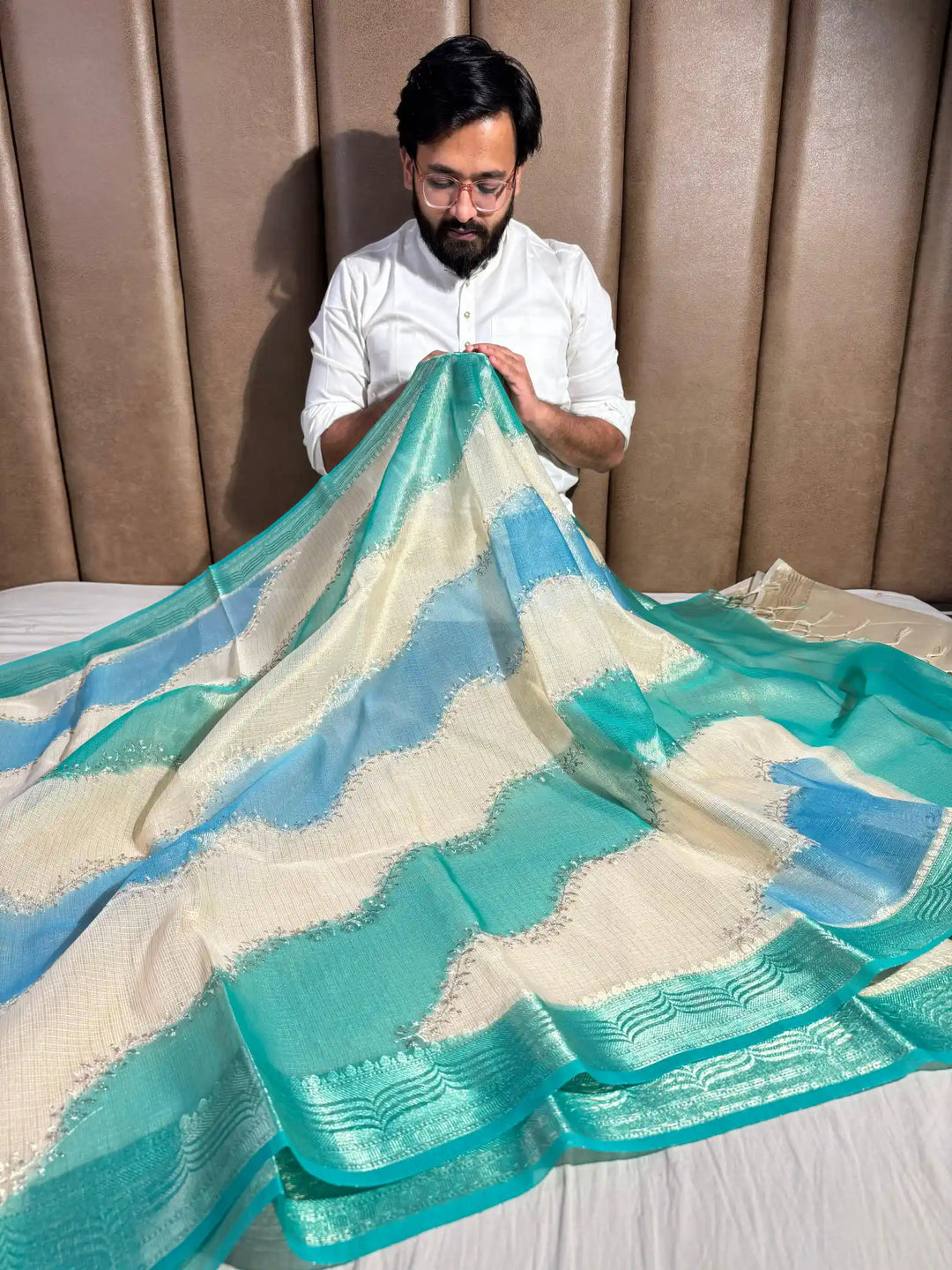 Kota Tissue Saree with Handbrush Paints and Zari Chikankari Work