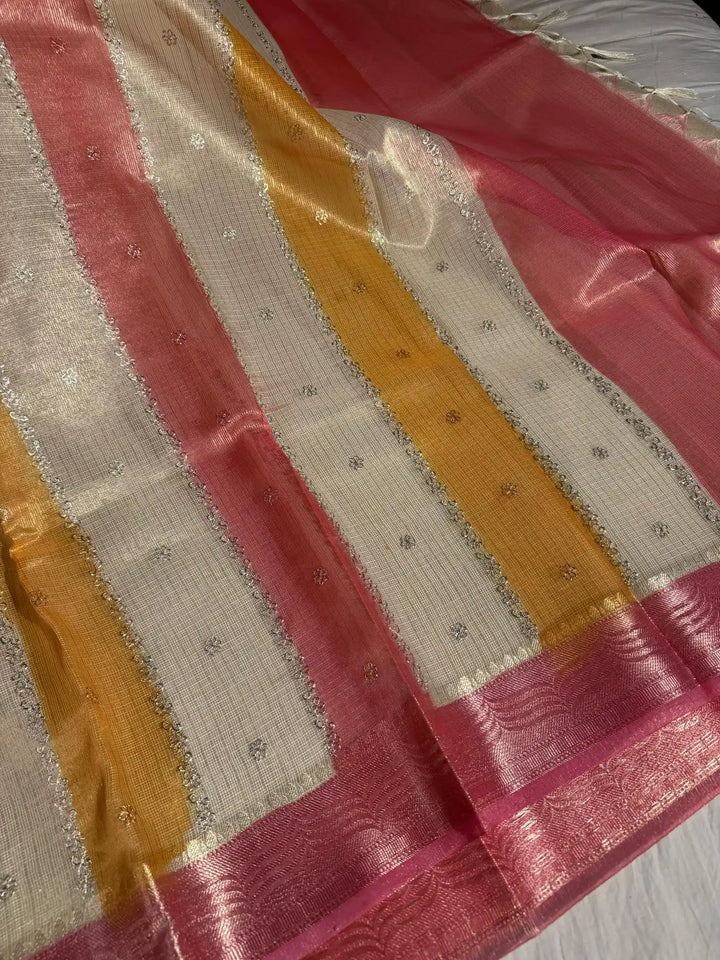 Kota Tissue Saree with Handbrush Paints and Zari Chikankari Work