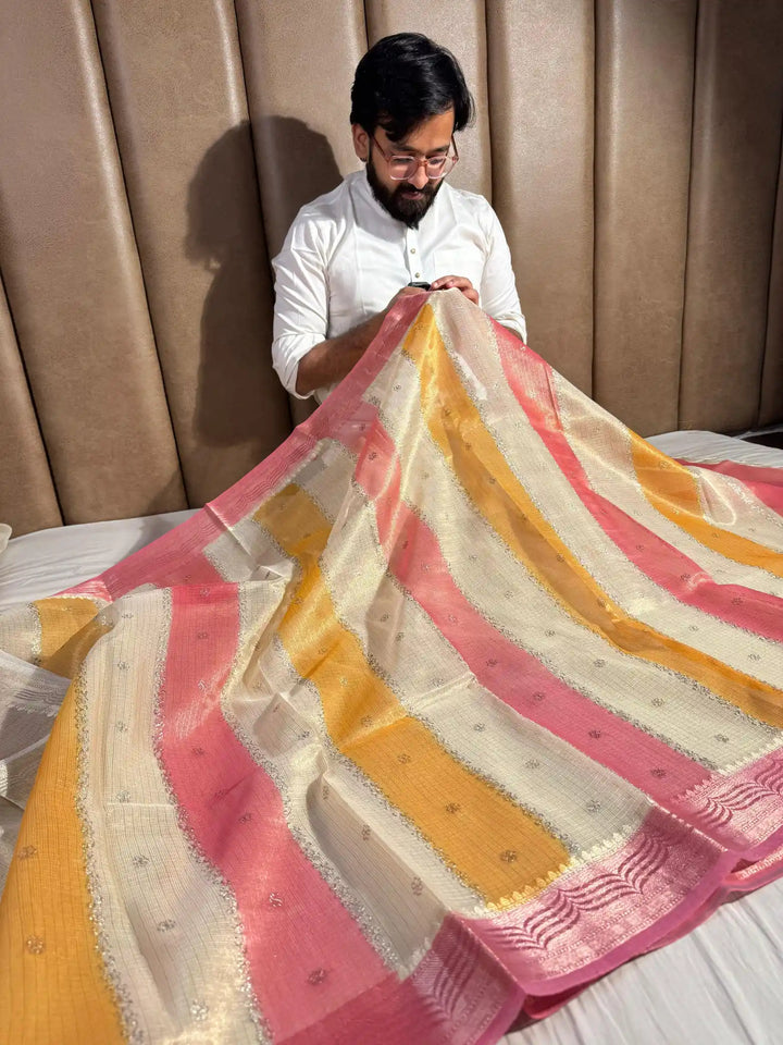 Kota Tissue Saree with Handbrush Paints and Zari Chikankari Work