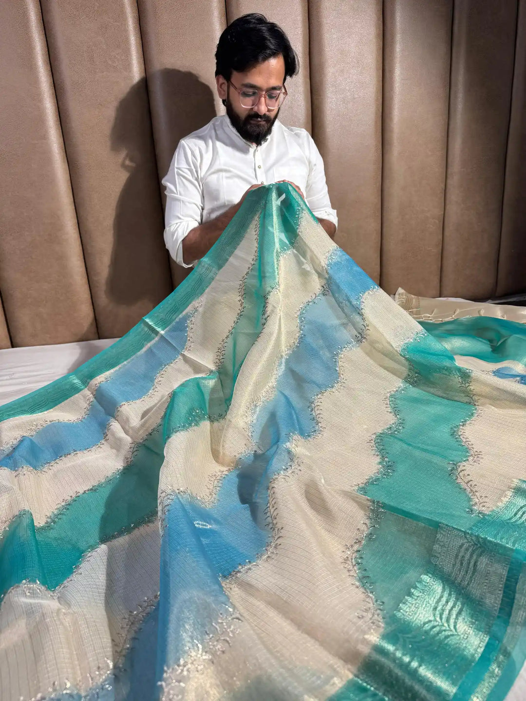 Kota Tissue Saree with Handbrush Paints and Zari Chikankari Work