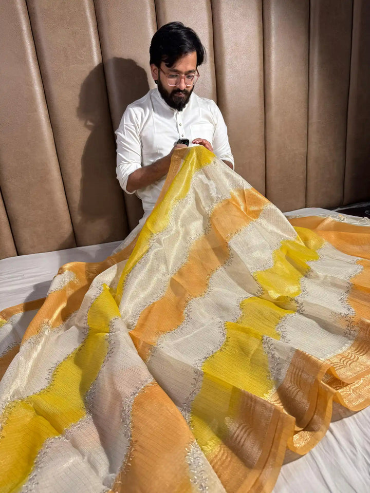 Kota Tissue Saree with Handbrush Paints and Zari Chikankari Work