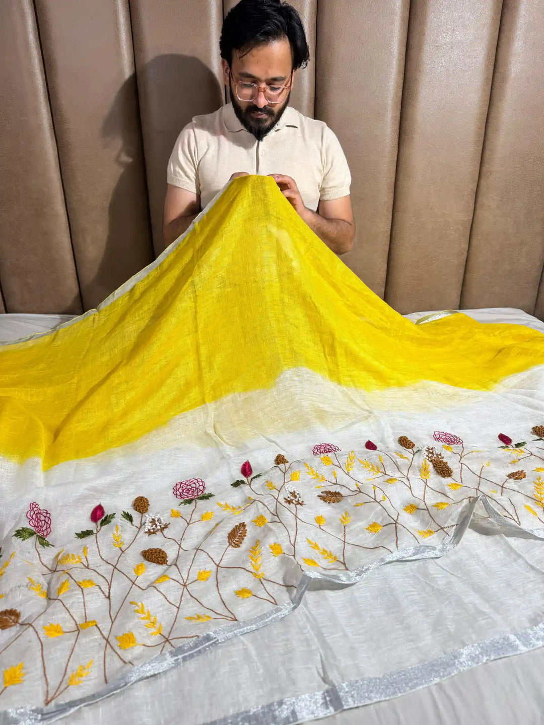 Lemon Yellow with White Pure Linen Silk Saree with Complete Handwork on Top 