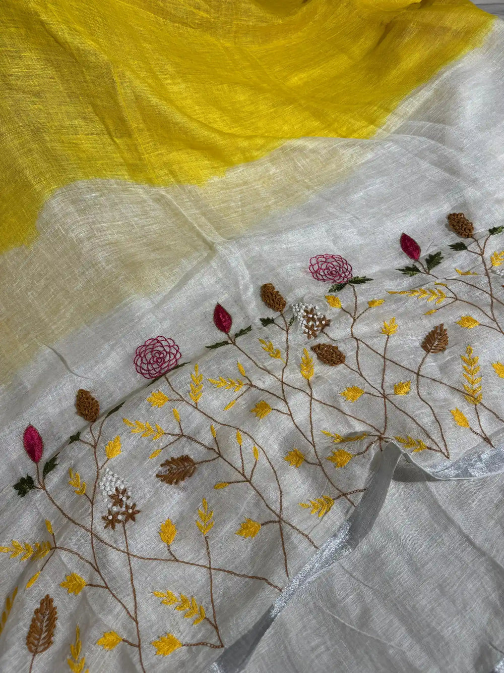 Lemon Yellow with White Pure Linen Silk Saree with Complete Handwork on Top 