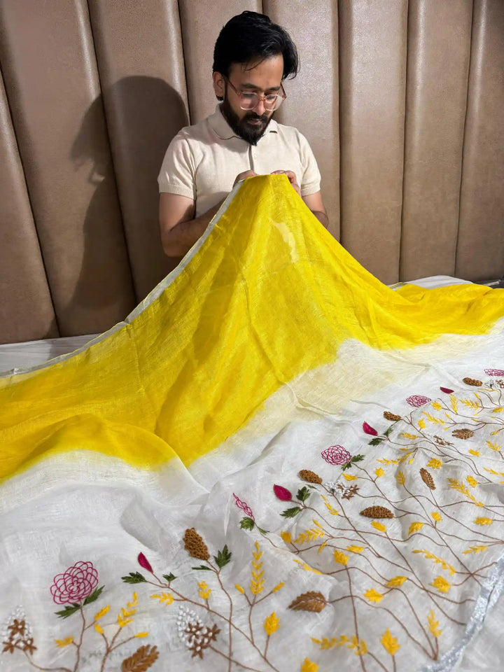 Lemon Yellow with White Pure Linen Silk Saree with Complete Handwork on Top 