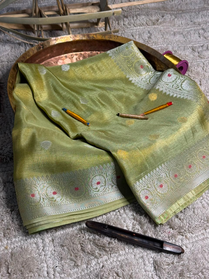 Minted Green Soft Breathable Tissue Khaddi Buti Saree