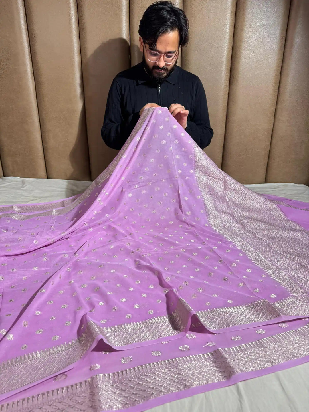 Lavender Banarasi Khaddi Shiffon Silk Saree with rich pallu and blouse
