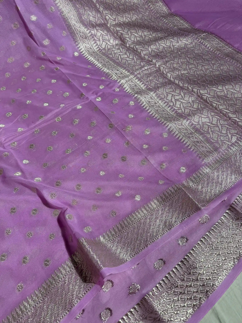Lavender Banarasi Khaddi Shiffon Silk Saree with rich pallu and blouse