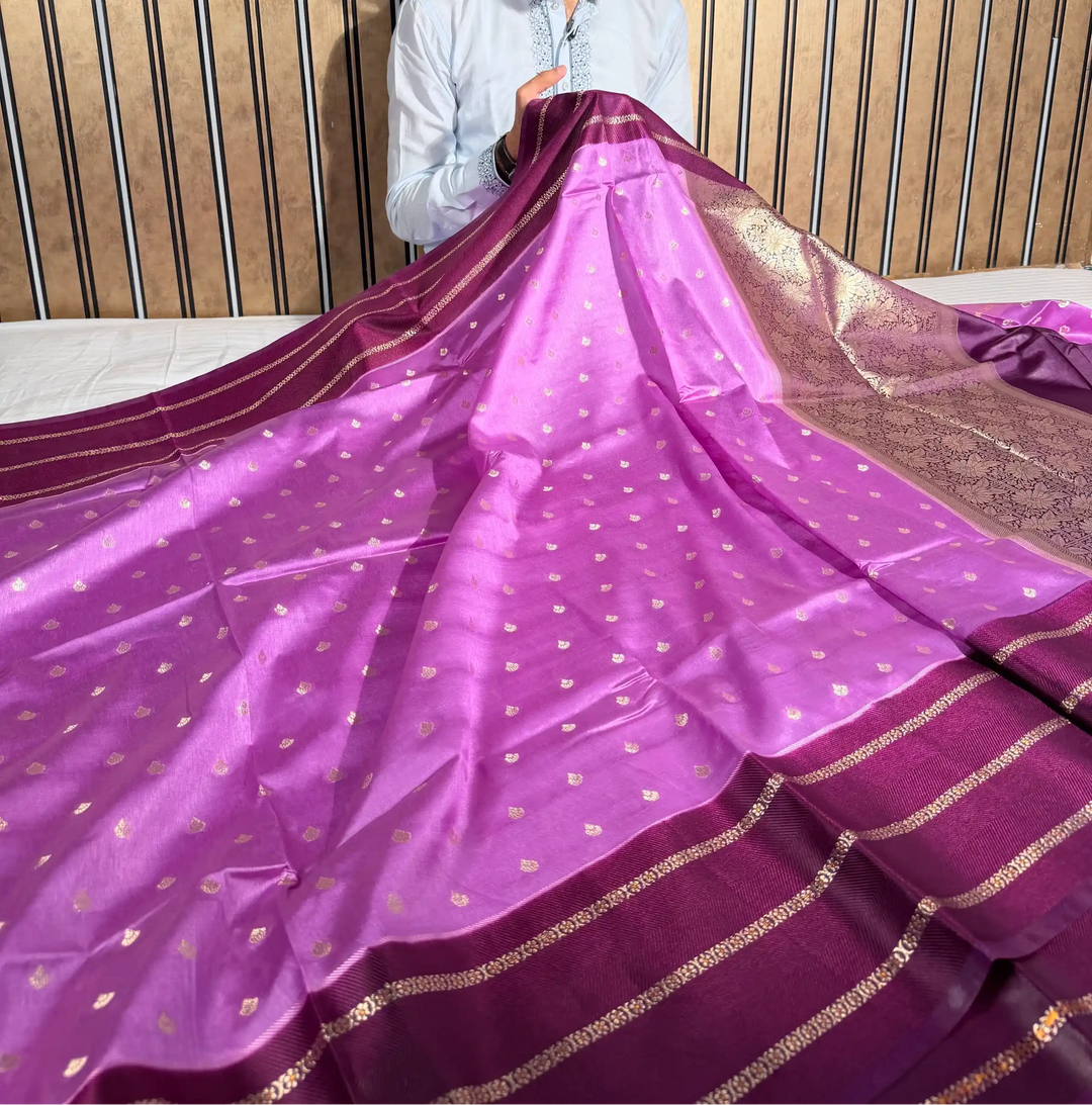 Lavender Contrast Raw Dupion Silk Banarasi Saree 