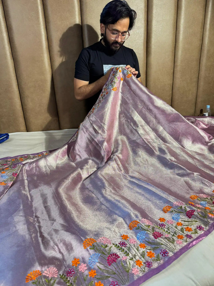 Lavender Designer Tissue Silk Saree with Rich Border Chikankari and pallu