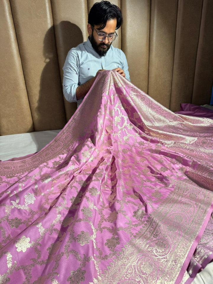 Lavender Pink Satin Silk Heritage Floral Weave Banarasi Saree
