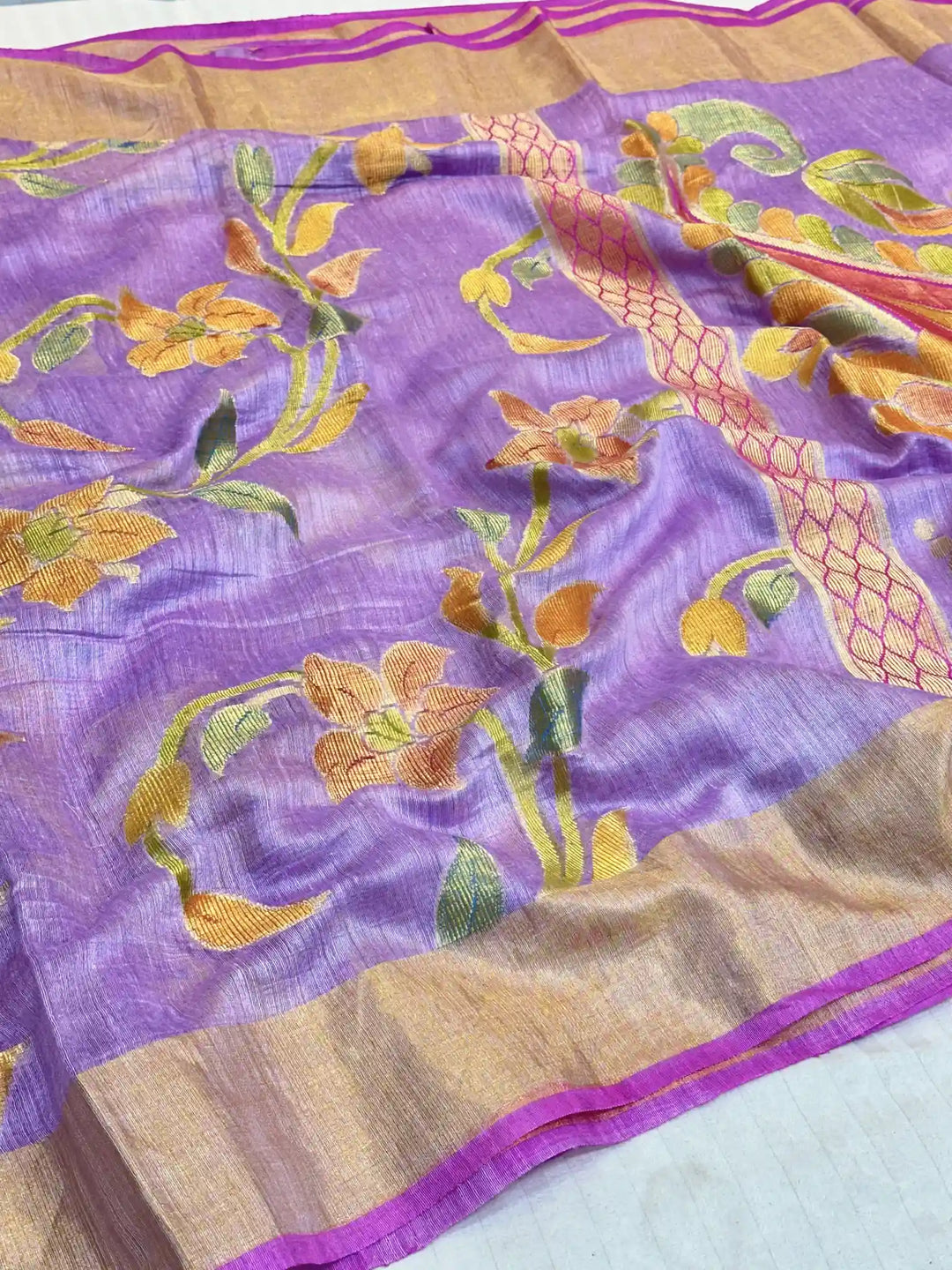 Lavender Pure Matka Silk Floral Banarasi Saree 