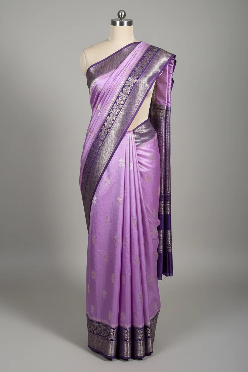 Lavender Raw Chinia Silk Flower Buta Banarasi Saree
