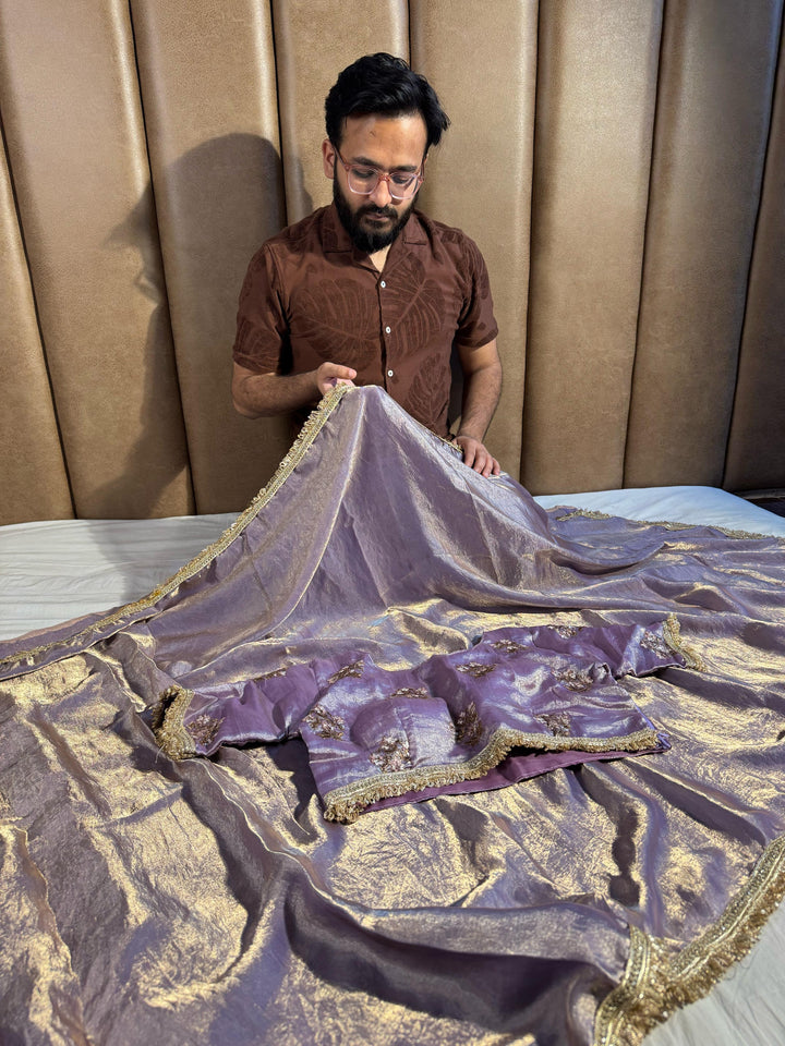 Lavender Shade Shimmery Tissue Silk Saree with Lace Work