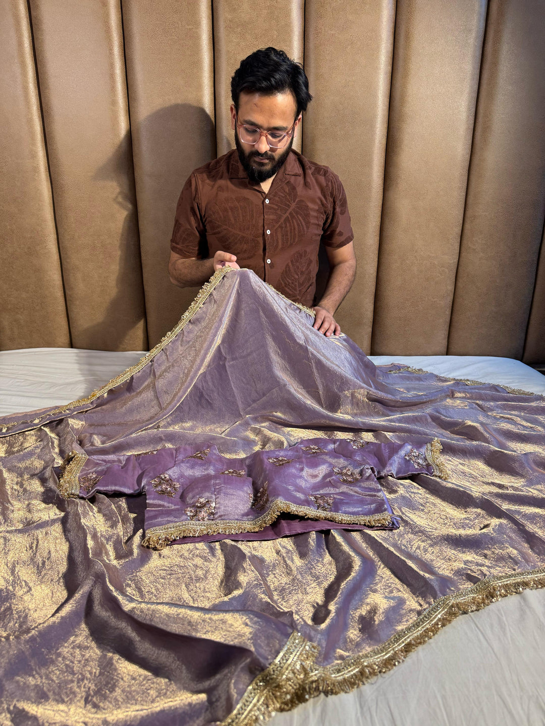 Lavender Shade Shimmery Tissue Silk Saree with Lace Work