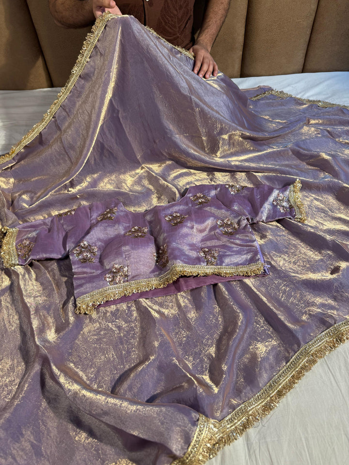 Lavender Shade Shimmery Tissue Silk Saree with Lace Work