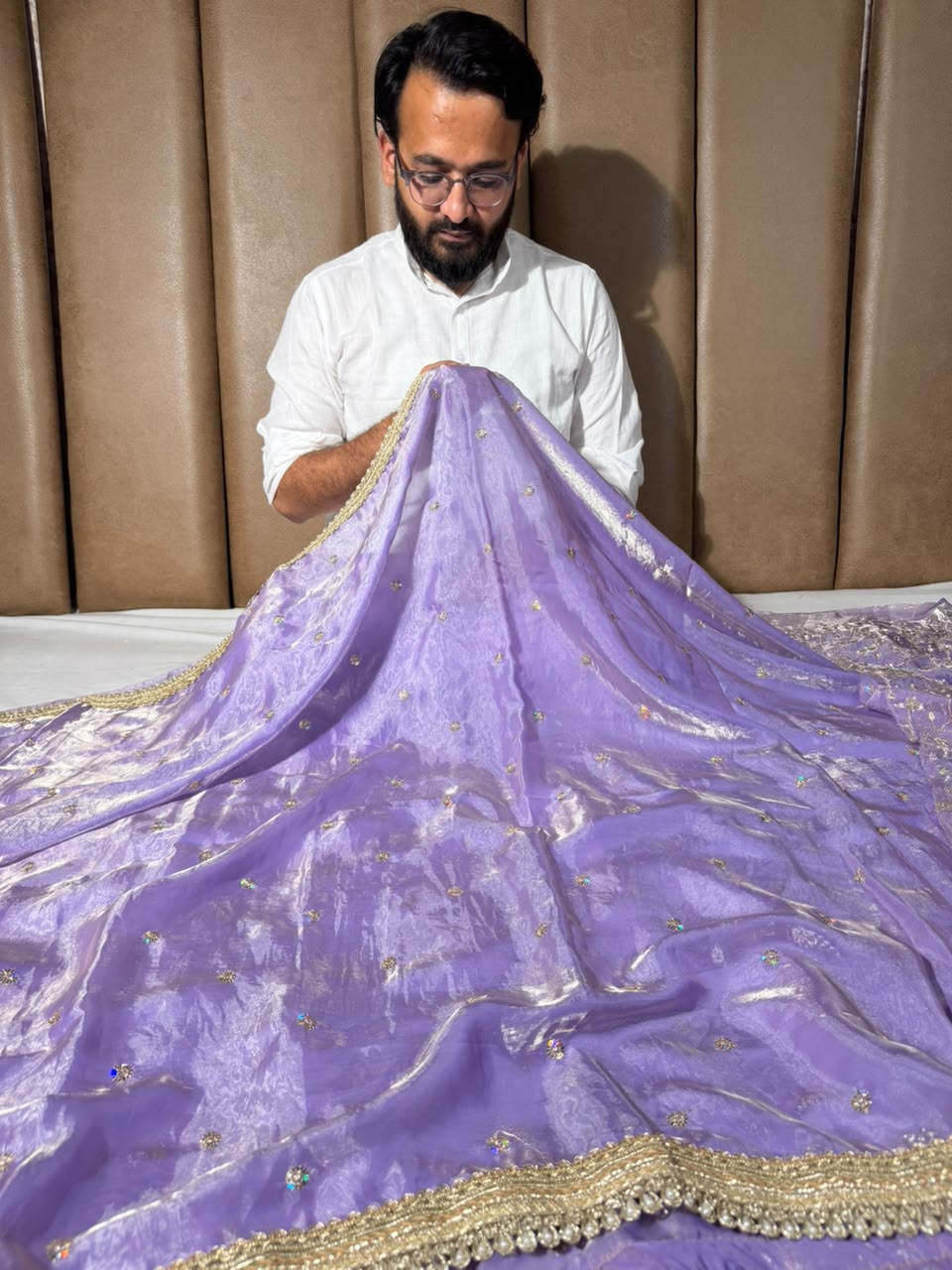 Lavender Shimmery Tissue Silk Embroidered Lace Work Saree