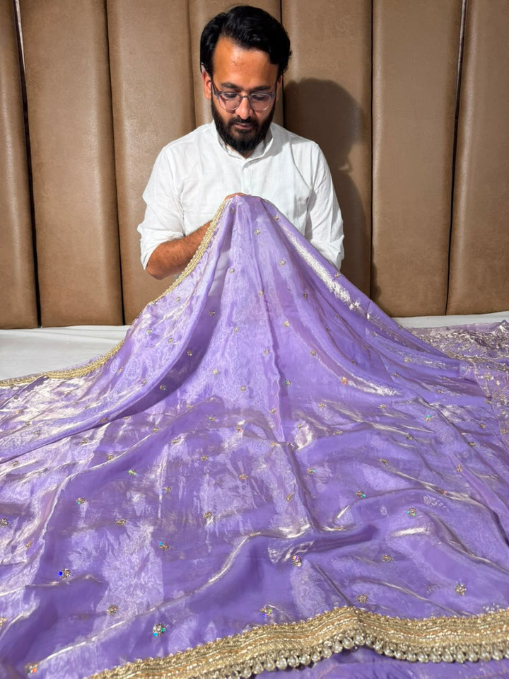 Lavender Shimmery Tissue Silk Embroidered Lace Work Saree