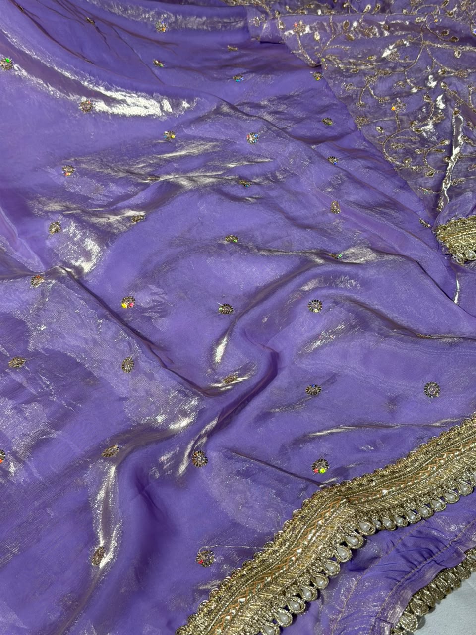Lavender Shimmery Tissue Silk Embroidered Lace Work Saree