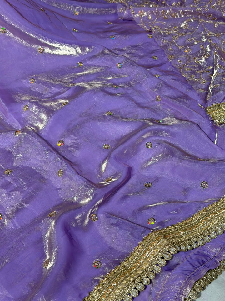 Lavender Shimmery Tissue Silk Embroidered Lace Work Saree