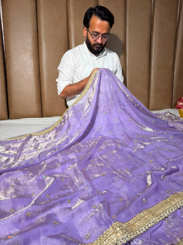 Lavender Shimmery Tissue Silk Embroidered Lace Work Saree