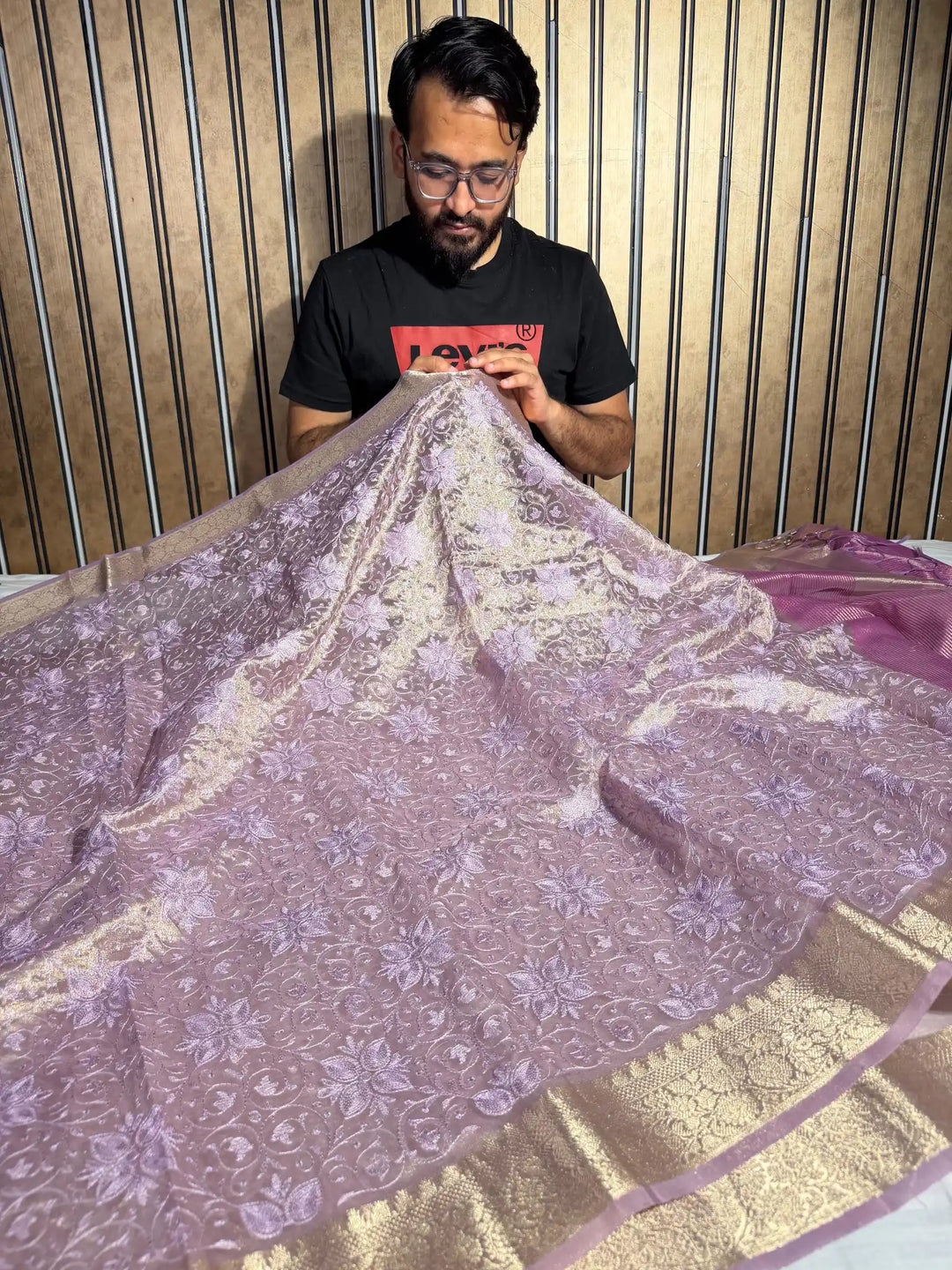 Lavender Tissue Silk Chikankari Embroidery Work Banarasi Saree