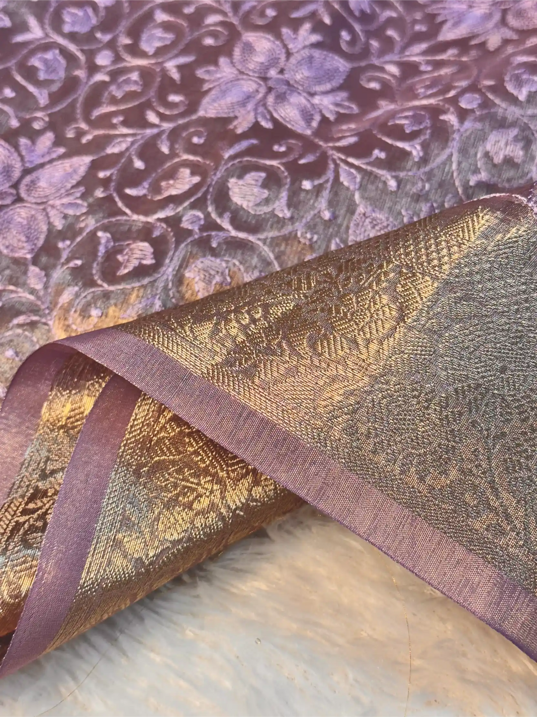 Lavender Tissue Silk Chikankari Embroidery Work Banarasi Saree