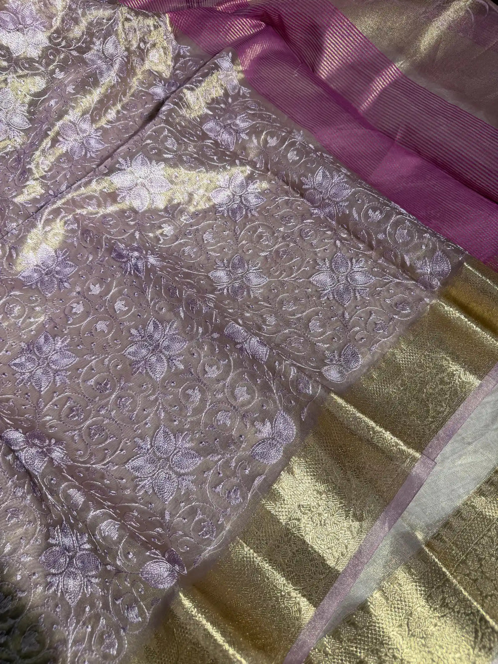 Lavender Tissue Silk Chikankari Embroidery Work Banarasi Saree