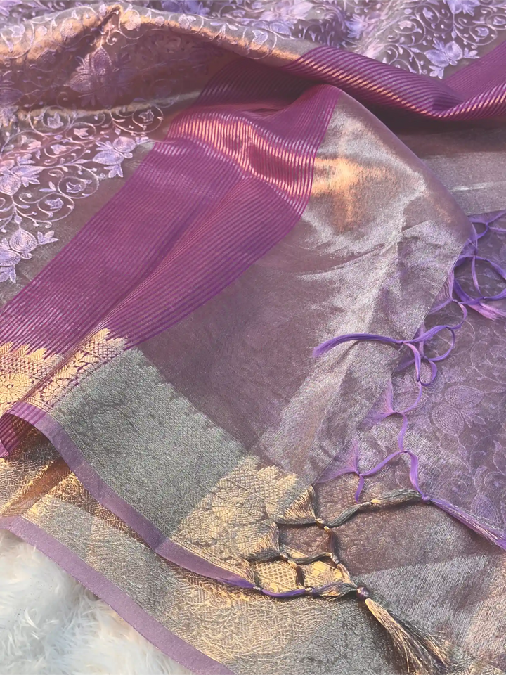 Lavender Tissue Silk Chikankari Embroidery Work Banarasi Saree