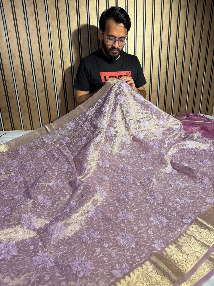 Lavender Tissue Silk Chikankari Embroidery Work Banarasi Saree