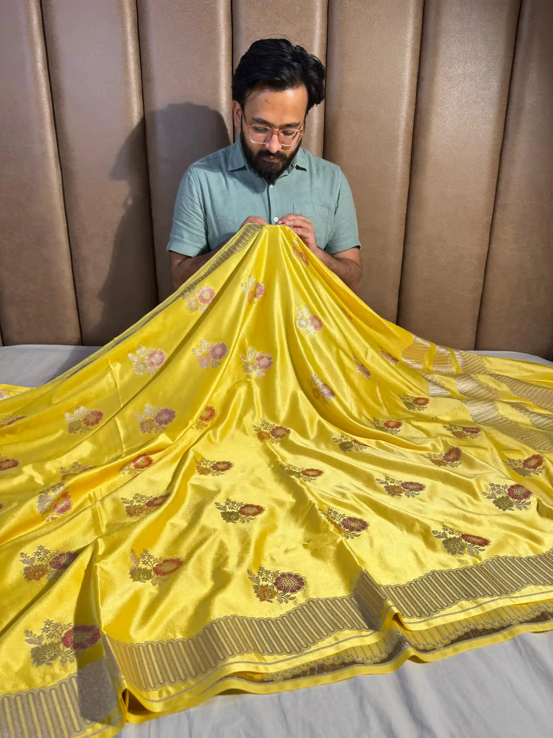 Lemon Yellow Banarasi Mashru Katan Silk Handbrush Saree with Rich Pallu and Blouse