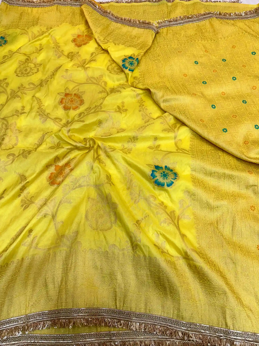 Premium Yellow Chiniya Silk Saree with Popular Lace Work