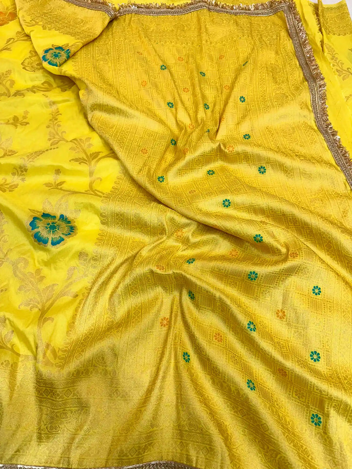 Premium Yellow Chiniya Silk Saree with Popular Lace Work