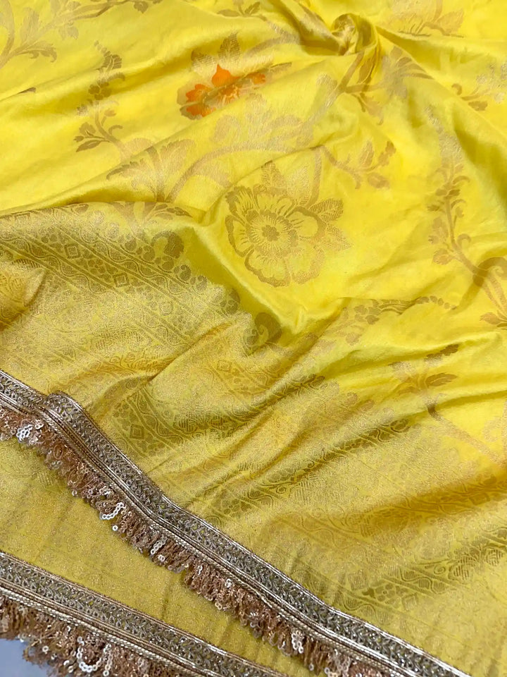 Premium Yellow Chiniya Silk Saree with Popular Lace Work