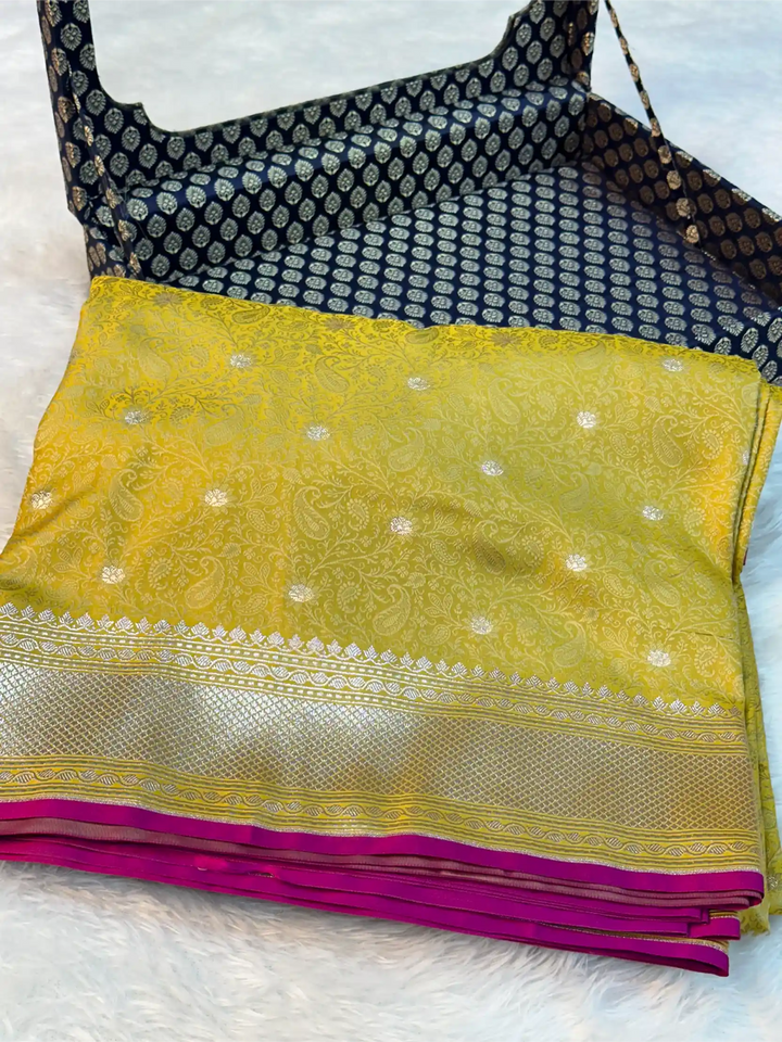 Lemon Yellow Intricate Mashru Katan Silk Tanchoi Banarasi Saree