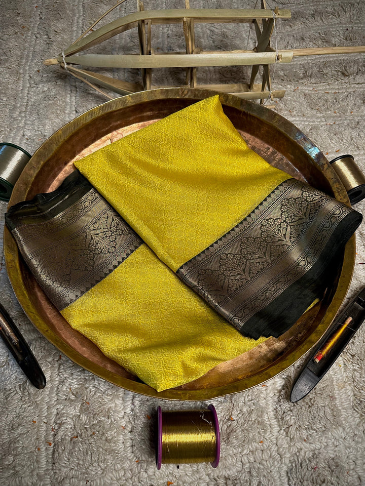 Lemon Yellow Kora Muslin Banarasi Saree