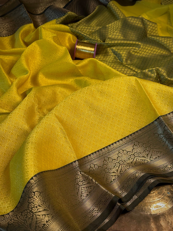 Lemon Yellow Kora Muslin Banarasi Saree