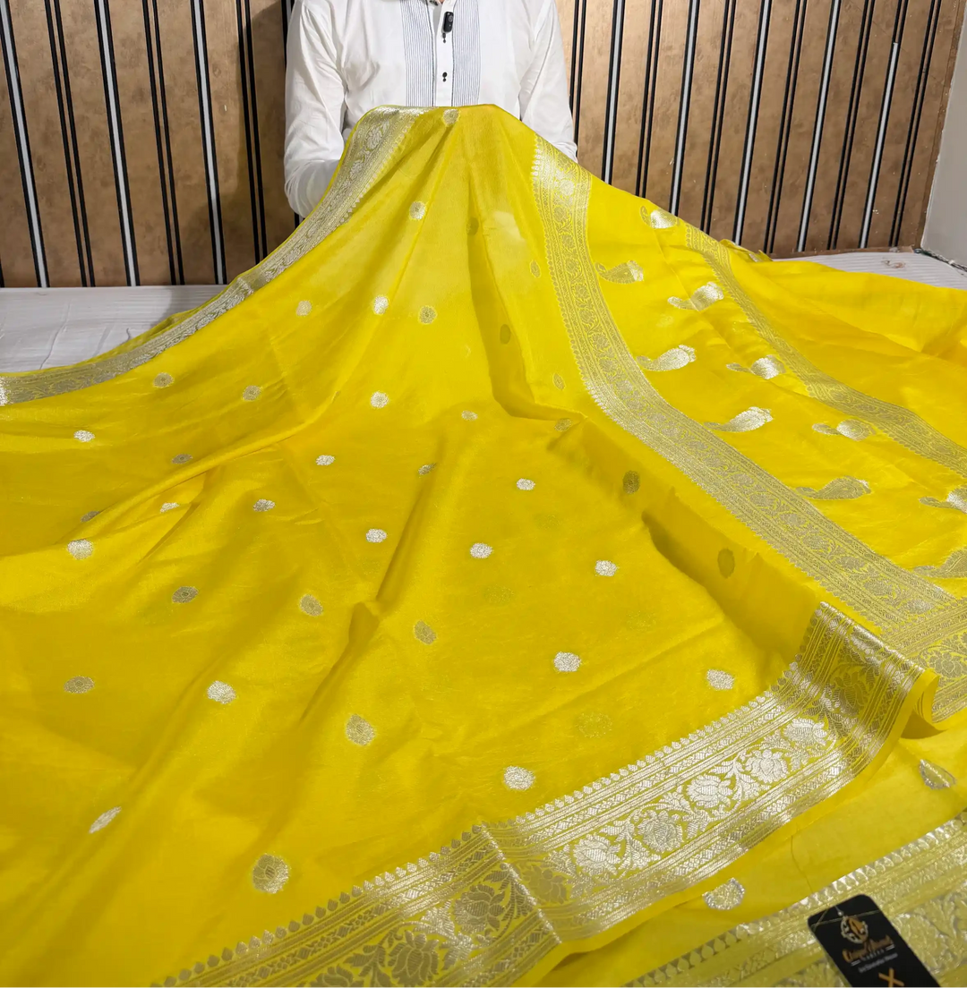 Lemon Yellow Soft Georgette Khaddi Buti Banarasi Saree