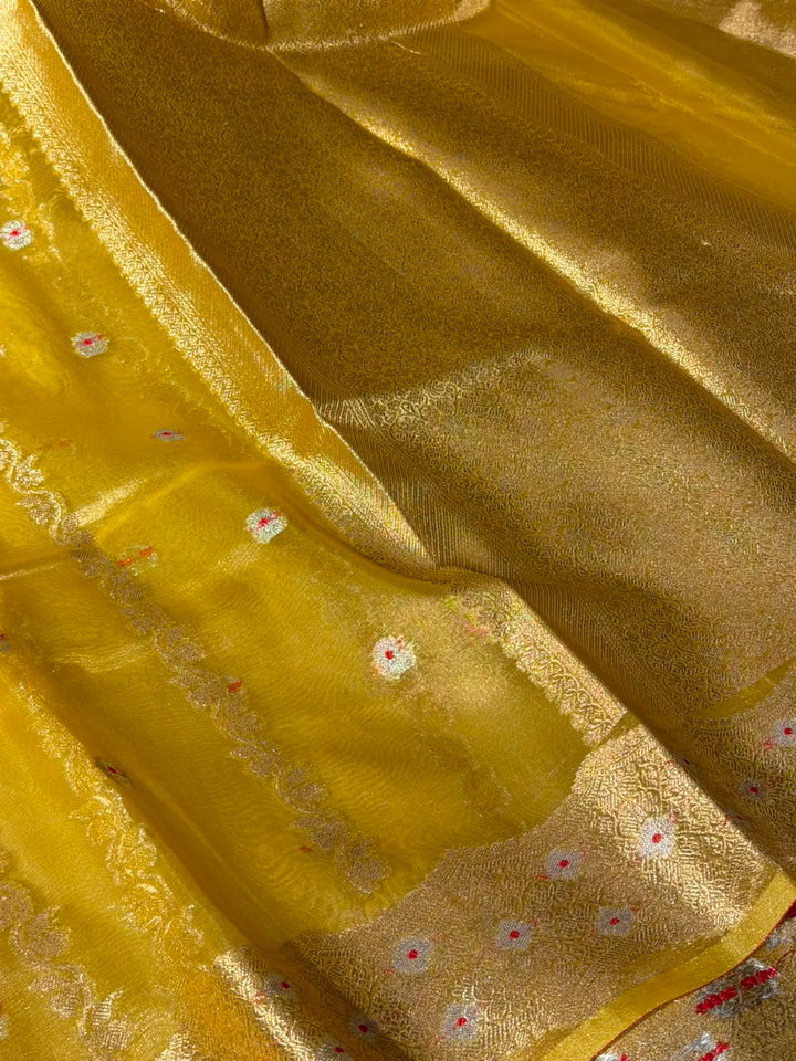 Lemon Yellow Contemporary Kora Tissue Silk Banarasi Saree